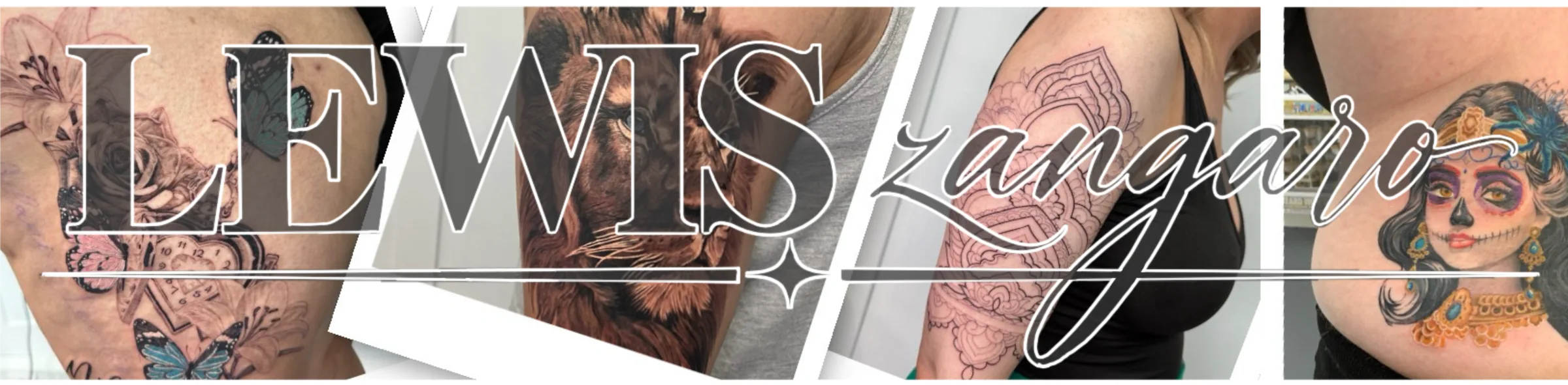 Lewis Zangaro name lockup over a strip of his tattoo work
